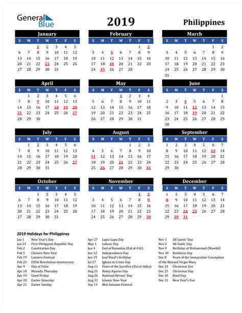 2019 Yearly Calendar for Philippines with Holidays .